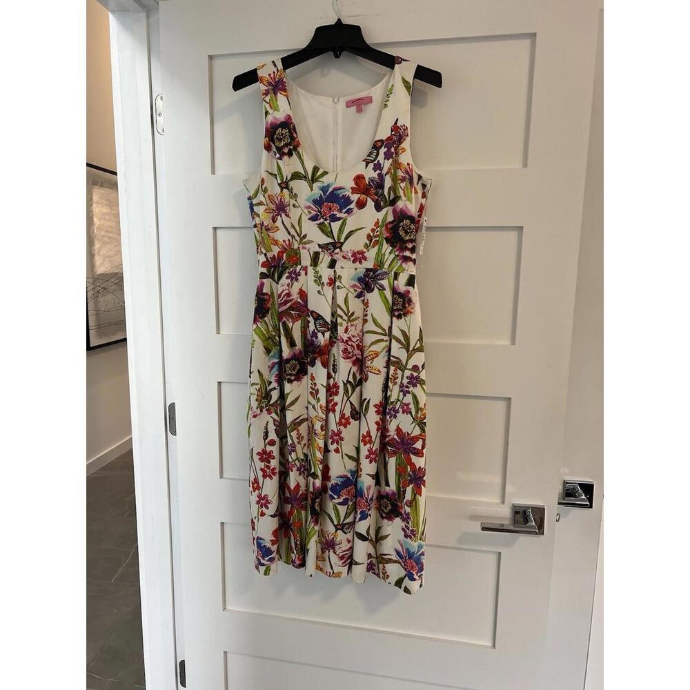 $255 LDT Athena Belted White Botanical Floral Linen-Blend Midi Dress Size 6 - Picture 3 of 9